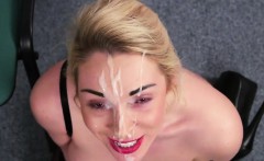 Unusual looker gets jizz shot on her face eating all the cum