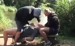 Russian mature in outdoor threesome party