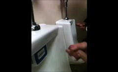 two slim dicks getting wanked at the urinals