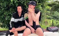 Hot amateur friends enjoy gay sex outdoor